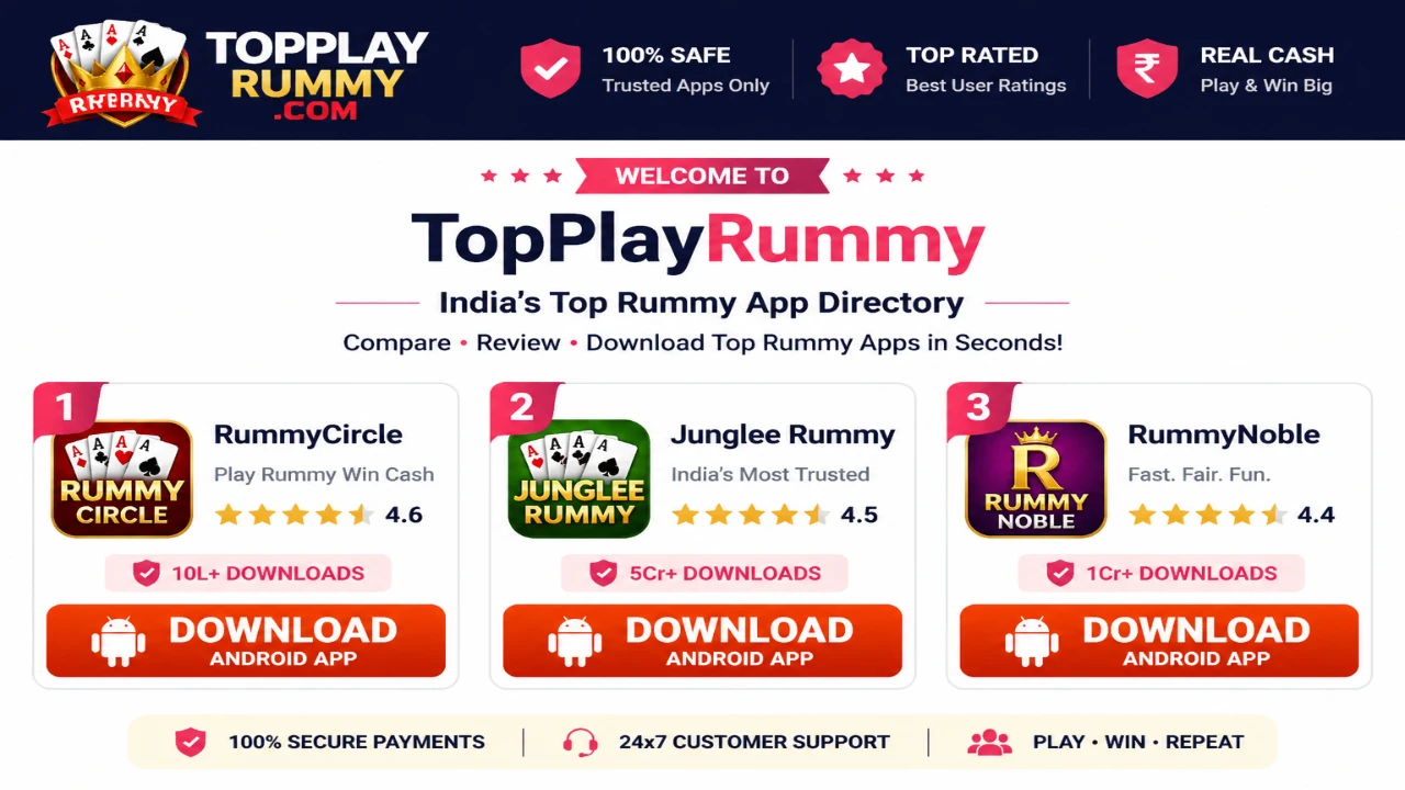 TopPlayRummy leaderboard banner with top ranked Android rummy apps, bold download buttons, and compact mobile directory styling